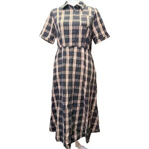 Disturbia Plaid Midi Dress Black Tan Button Front Pockets Grunge US 6 UK 10